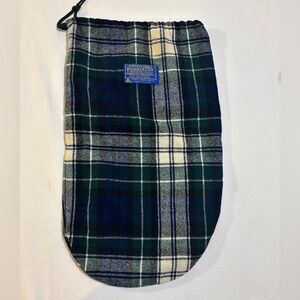 Pendleton wool drawstring pouch in a classic green, blue, black, and white plaid